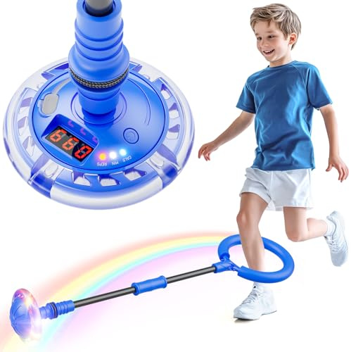 Hot Bee Kinder Blinkender Springring Fußkreisel mit Zähler, Timer, Kalorienzähler Spielzeug Geschenke für Junge Mädchen 6-12 Aufladbare Faltbar Swing Wheel mit Lichtrad Weihnachten, Geburtstag Blau