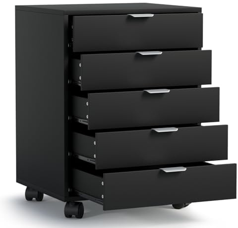 ELUCHANG Schubladenschrank, Rollcontainer, Mobiler Aktenschrank mit 5 Schubladen, Unter Schreibtisch SchrankBüro, Schubladenkommode für Zuhause Büro, Homeoffice, Schwarz