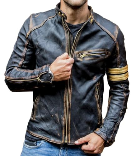 Herren Echtleder Biker Cafe Racer Vintage Motorrad Distressed Schwarze Echtlederjacke von Premium Leather Products, Schwarz , M