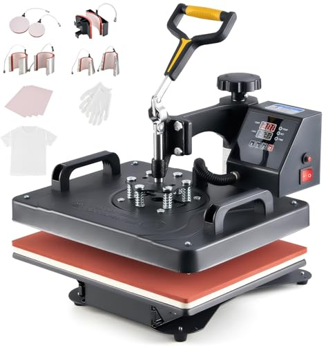 CREWORKS Transferpresse 38x30cm Heißpressmaschine 8-IN-1 Wärmepressmaschine Hitzepresse 360 Grad Schwenkbar Tassenpresse und Kappenpresse, Tassen-, Hut-, Kappen- und T-Shirt-Druckmaschine für zu Hause
