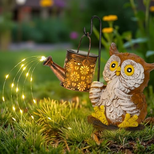 GIGALUMI Solar Gartenstatuen, Eulenfigur mit Gießkannen Lichtern, einzigartige Gartendeko Geschenke für Mutter, Geburtstagsgeschenk für Frauen, eulen Geschenke, Dekoration für Terrasse, Outdoor, Hof
