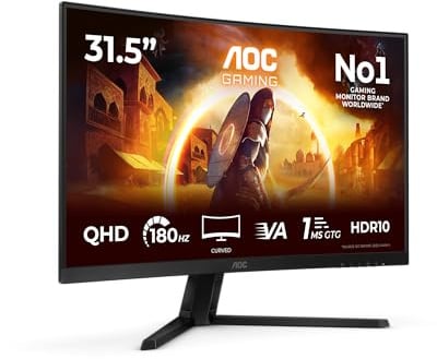 AOC CQ32G4VE 31.5 Zoll Curved, WQHD Gaming Monitor, 180Hz, Fast VA Panel, 0.5ms MPRT, Adaptive Sync, HDR10, FreeSync, (2560x1440 HDMI 2X 2.0 DP 1x 1.4) Schwarz