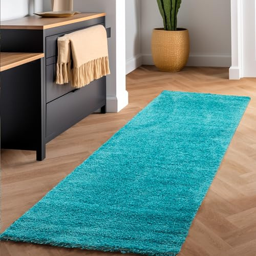 SIMPEX Shaggy Hochflor Teppich, 60x110 cm, Türkis, weich, flauschig, modern, einfarbig, Für Flur oder kleine Räume, für Wohnzimmer Schlafzimmer Flur
