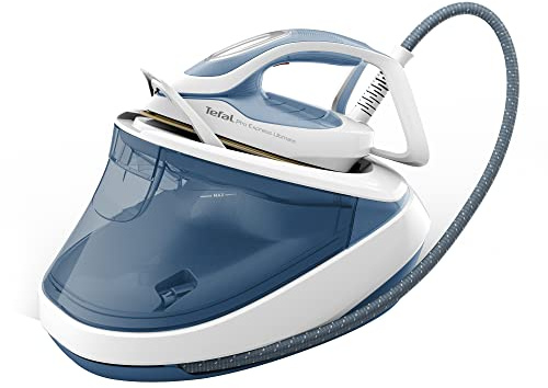 Tefal Pro Express Ultimate Dampfbügelstation, 7,6 Bar Dampfdruck, konstante Dampfabgabe: 155 g/Min., Dampfstoß: 580 g/Min., ohne Einstellungen, vertikale Dampffunktion, Weiß/Blau, GV9710