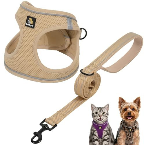 BELLA & PAL Hundegeschirr Kleine Hunde mit Leine, Step-in Geschirr aus Air Mesh, Anti Zug Reflektierend Atmungsaktiv Brustgeschirr, Welpengeschirr für Kleine Hunde, Katzengeschirr, Khaki, XS