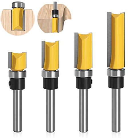 4-teiliges Bündigfräser-Set, 8 mm Schaft, mit Kugellager | Vier Hartmetall-Bündigfräser mit 8-mm-Schaft und Kugellager; Schnittlängen 20/25/38/50,8 mm für MDF, Span- und Sperrholz.