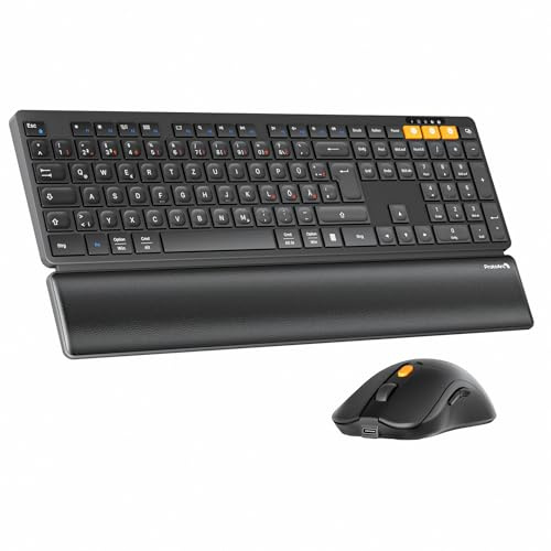 ProtoArc KM60 Kabellos Bluetooth Tastatur Maus, Wiederaufladbar | Full-Size Set mit Handballenauflage, QWERTZ Deutsch, 2.4GHz + Dual Bluetooth, für Büro PC, Computer, Mac, Windows, Schwarz