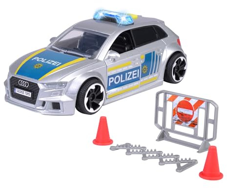 Dickie Toys - Audi RS3 – 15 cm großes Polizeiauto mit Straßensperre und Pylone, Licht & Sound, Friktionsantrieb, für Kinder ab 3 Jahre