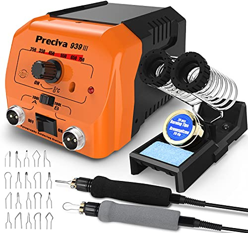 Lötstation Lötkolben Set, Preciva Brandmalstation Brennkolben Set 40W mit 20pcs Lötspitzen, 250-750°C Einstellbare Temperatur, Temperatursperrfunktion, Brandmalerei Set für Holz, Leder und Kork DIY