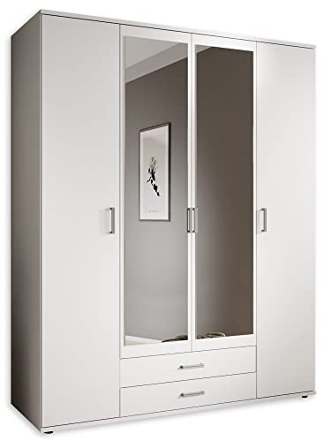 KARL Kleiderschrank 4-türig mit Spiegeltüren Schrank Weiß 160 x 196 x 54 cm | Vielseitiger Drehtürenschrank für das Schlafzimmer, geräumige Stauraumlösung, Herstellung in der EU