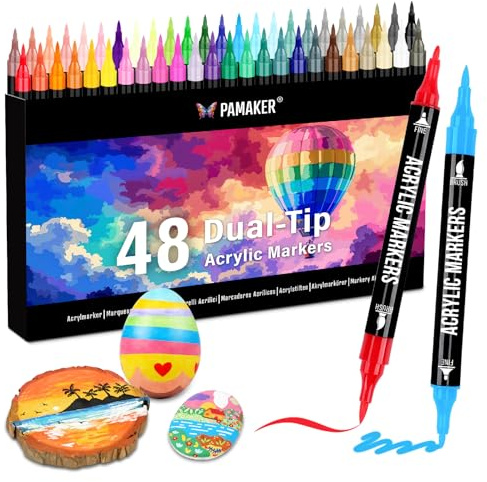 Pamaker 48 Farben Acrylstifte Set – Acrylmarker mit feiner Spitze und Pinsel für Stoff, Leinwand, Glas, Holz und Papier – zum Zeichnen und DIY-Bastelprojekte