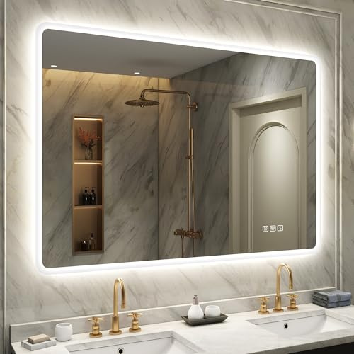STARLEAD Badspiegel-mit-Beleuchtung 100x70cm, Badezimmerspiegel-mit-Bluetooth, Entfoggen, Dimmbar, 3 Lichtfarben, Speicherfunktion, IP44 LED-Spiegel-Bad, Horizontal/Vertikal, HD Hartglas