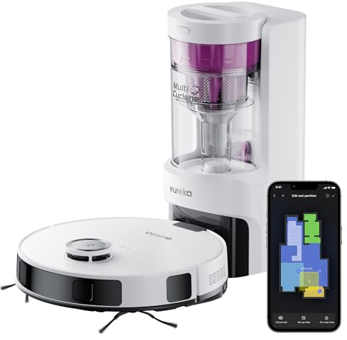 Eureka E10s DE Saug- & Wischroboter + beutelloser Multi-Zyklon-Absaugstation (4000Pa, Auto Teppicherkennung & Auto Mop Lifting, LiDAR-Navigation, ideal gegen Tierhaare, App- & Sprachsteuerung) weiß