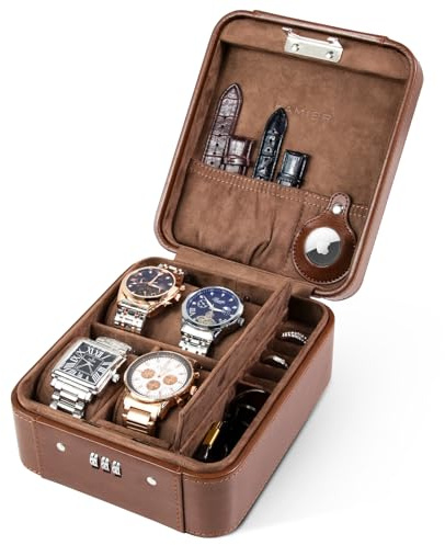 KAMIER Uhrenbox mit Zahlenschloss für 4 Uhren, Reiseetui Exklusive Uhrenaufbewahrung aus Hochwertigem Leder und edlem Samt, Uhrenbox Herren für Reise Watch Case, Kompatibel mit AirTags, Braun