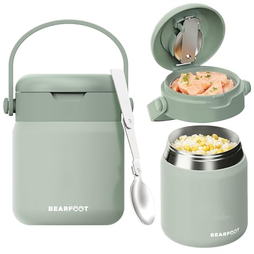BEARFOOT Kinder Thermobehälter Edelstahl 500ml, BPA-frei (Grün) | Auslaufsicher, mit faltbarem Löffel & Tragegriff, für Kindergarten & Schule