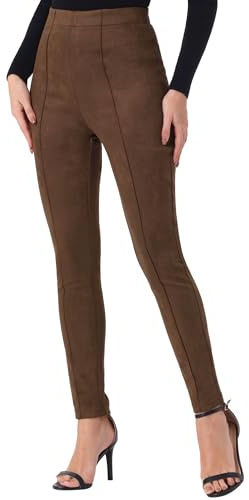 Allegra K Damen Casual Pants | Freizeit-Arbeitshose mit hoher Taille, Wildleder-Stoff, elastischer Bund, braune Leggings, Stretch, schmale Passform