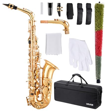 VEVOR Altsaxophon, E-Dur, Messingsaxophon-Anfängerset mit Tragetasche, Mundstück, Gurten, Reinigungstuch, Handschuhen, Fett, Umhängeband, 23 Tasten Altsaxophon-Set, für Anfänger & Schüler, Gold