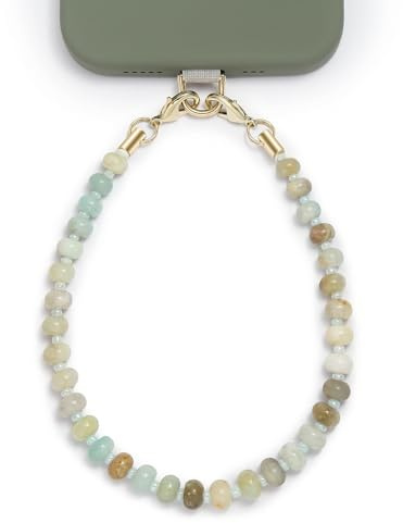 Posadina Handykette aus Naturstein, Handmade kurzer Handyanhänger mit Perlen, Beaded Handyband Phone Charm mit passgenauer Lasche