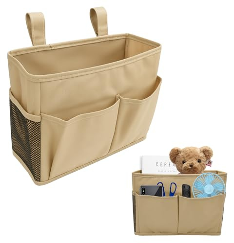 kelav Bett Organizer zum Einhängen,5-Fach Betttasche 30x20cm Beige,Baumwoll-Leinen Hänge-Organizer für Babybett,Campingstuhl & Reise,Nachhaltiger Hängespeicher mit Klettband