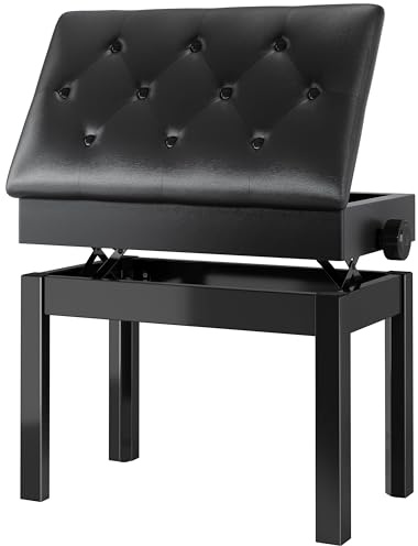 MAMIZO Klavierhocker Höhenverstellbar 48-58CM, Pianobank mit Stauraum | Klavierbank mit PU Lederkissen, Beine aus Massivholz, Klavierstuhl Piano Bench bis 150KG, mit 4 PCS Beinen, Schwarz