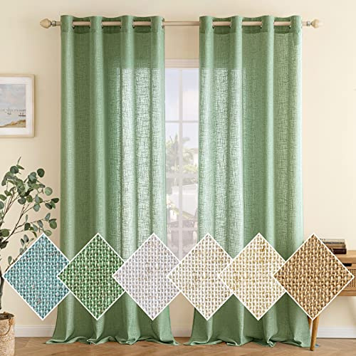 EMEMA Leinenvorhang Gardinen Vorhänge mit Ösen Grün 2er H245xB140cm | 2er Set Leinenvorhang mit Ösen Halbtransparent für Wohnzimmer Dekoschal Kinderzimmer Schlaufenschal Küchengardinen 140x245cm