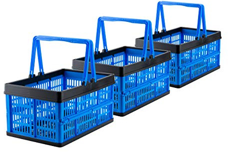 Grizzly kleine Klappbox faltbar mit Henkel, 3er Set, blau, je 16 L, Faltbox nutzbar als klappbarer Einkaufskorb und Kofferraum Organizer
