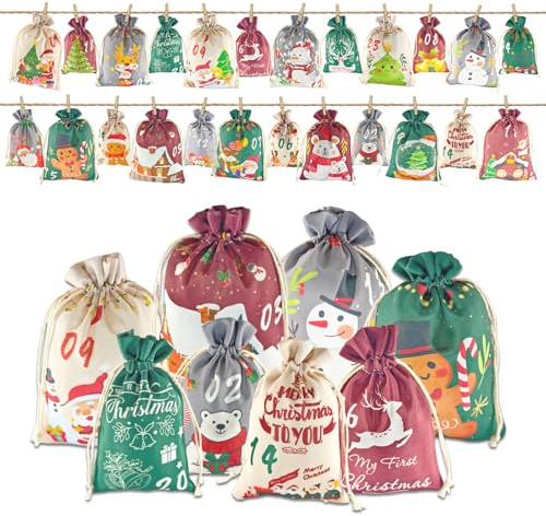Adventskalender zum Befüllen 2025 Kinder 24 Stück DIY Weihnachtskalender Beutel Stoff Befüllbar und Aufhängen 2 Größen Wiederverwendbar Adventskalender für Kinder Junge Männer Mädchen