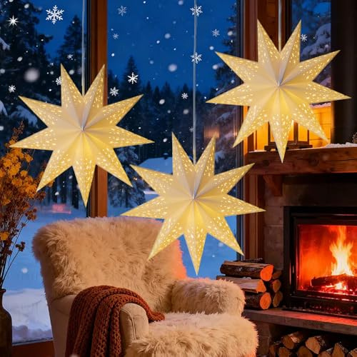Rppiup 3 Stück 45cm Papiersterne Weihnachten, Leuchtsterne Weihnachten, Faltsterne Papierstern Beleuchtet zum Aufhängen, Papierstern Weiß, für Karneval Hochzeit Geburtstag Tischdeko