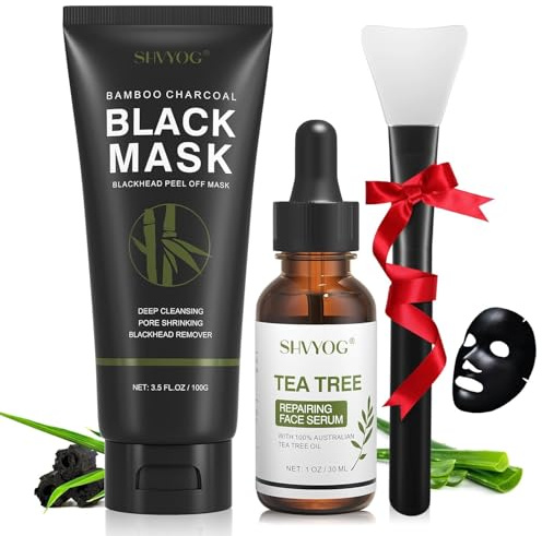 Blackhead Remover Maske, Mitesser Peel Off Maske Holzkohle Maske und Teebaum Serum, Gesichts-Schwarzmaske Porenreinige für Mitesser, Schmutz, Akne, Porenschrumpfen(100g+30ml)
