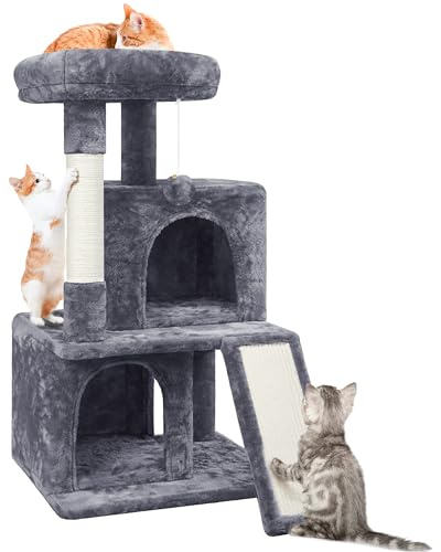 Yaheetech Kratzbaum, Stabiler Katzenbaum 91 cm Katzenkratzbaum, mit 2 Häuschen Sisal und Spielball, Spielbaum für Katzen, Dunkelgrau