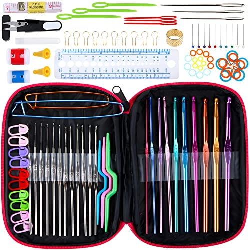 Retoo 100 Stück Häkelset für Anfänger, Häkeln Set, Stricknadeln Zubehöre in verschiedenen Größen und Tasche, Bunte Ergonomische Stricken und Nadeln, Häkelhaken, Haushalt Werkzeug