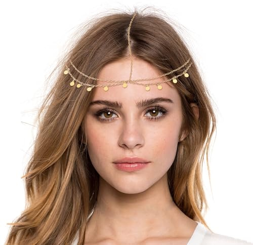 Kopfkette Gold Damen, Pailletten-Kopfkette, Boho Kopfkette, Wahrsagerin Kopfschmuck Gold, Boho Geschichtete Kopfkette, Ideal für Frauen und Mädchen, die am Abschlussball, Festivals