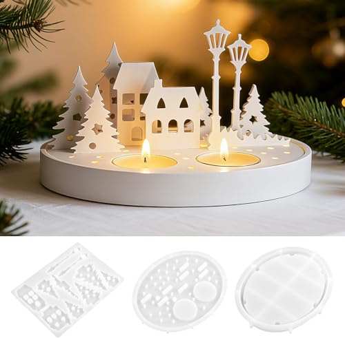 Silikonformen Gießformen Kerzenhalter, 3 PCS Weihnachten Gießformen Silikon | Silikonform Haus Kerzenständer, mit Rundem Sockel, Silikonform Häuser für Ostern Geschenke Deko DIY