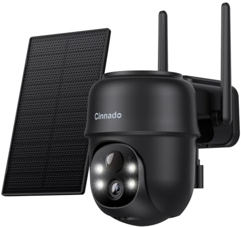 Cinnado Überwachungskamera Aussen Solar - 2K Aussenkamera WLAN Kabellos Akku, 360 Grad PTZ, PIR Bewegungsmelder IP65, Farbnachtsicht, Zwei-Wege-Audio (Schwarz)