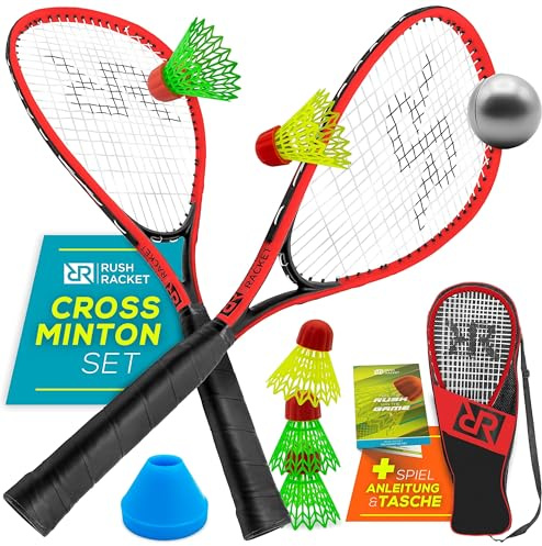 Rush Racket Speed Badminton Set RS3 – 5-teiliges Crossminton Set mit 2 Turbo Badminton Schlägern, 5 Federbällen, 1 Softball, 8 Feldmarkierungen & Tragetasche – Outdoor & Indoor Speedbadminton - Rot