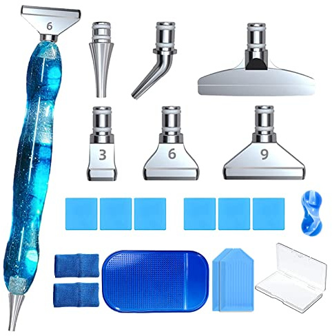 Diamond Painting Zubehör Stift, 20 Stück Diamond Painting Stifte Set, 6 Styles Metal Drill Pen Ersatzköpfe 5D Drill Pen für Diamantmalerei DIY Diamant Paintings Werkzeug Blau