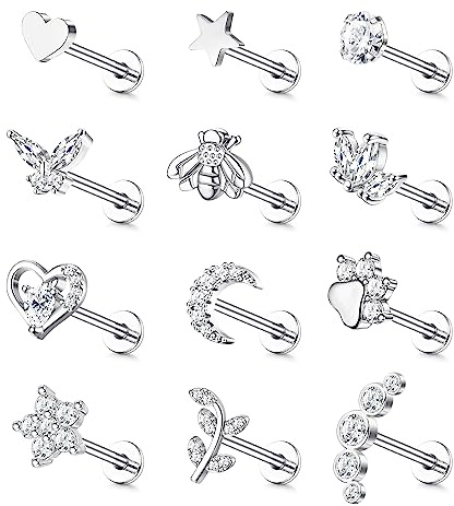 JewBella 12 Stück 16G Knorpel Helix Ohrringe für Damen Herren Chirurgenstahl Innengewinde CZ Mond Herz Stern Blatt Labret Medusa Nasenstecker Conch Tragus Helix Piercing Silber/Gold