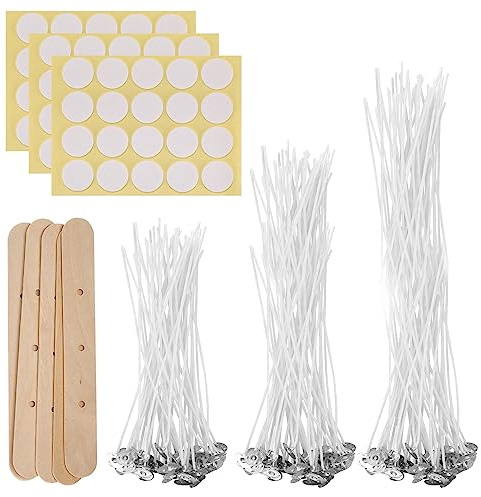Kerzendochte Set, 150 STK Kerzendochte für Kerzen Selber Machen Set | 10cm/15cm/20cm Natürlichen Kerzendochten mit Dochthalter Holz und Doppelseitige Docht Aufkleber, für Kerzenherstellung