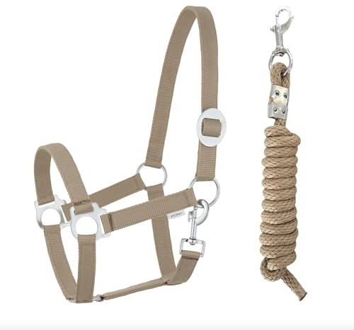 JA4001 Halfter Führstrick Set mit Karabinerhaken verstellbar Pferdehalfter Pferd Holzpferd Anbindestrick (Karabinerhaken Khaki, Pony)