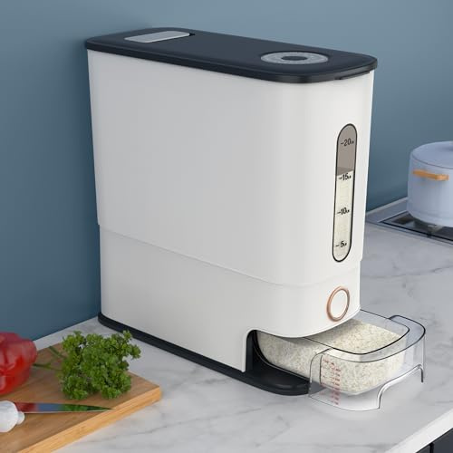 Lenwi 12 kg Reisspender mit Skala, Messbecher, BPA-freier Reis-Aufbewahrungsbehälter mit Zeitskala für Zuhause, Küche, Speisekammer, Haushalt, Reis-Organisation