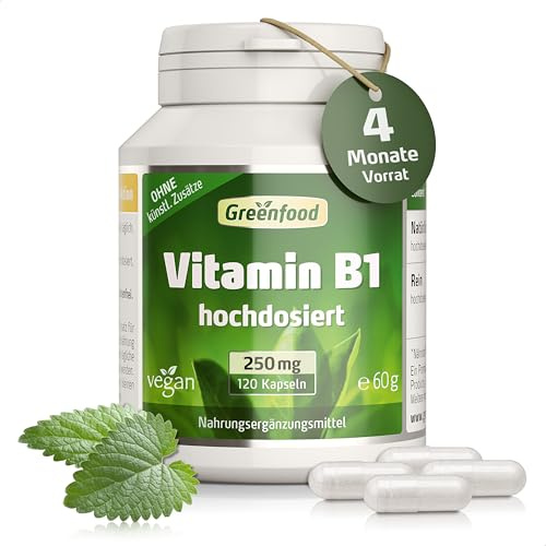Vitamin B1, hochdosiert, 250mg - 120 Kapseln, vegan. Vitamin B 1 (Thiamin) - wichtig für Nervensystem und Energie. OHNE künstliche Zusätze - laborgeprüft. Von Greenfood.