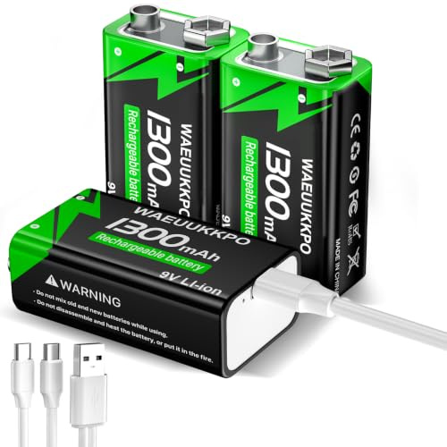 9V Wiederaufladbare Akku, 1300mAh 9 Volt Lithium-ionen Block Batterien mit USB-C-Schnellladekabel ideal für Rauchmelder, Feuermelder, Alarme, Multimeter usw (3 Stück)