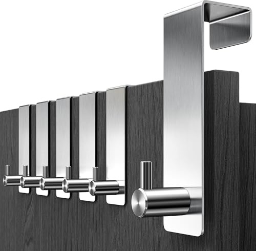 Menz Türhaken zum Einhängen, Kleiderhaken für Tür, 6 Stück, Silber | Kompakte Haken zum Einhängen mit hoher Tragkraft, platzsparende Türgarderobe, flexible Türhakenleiste
