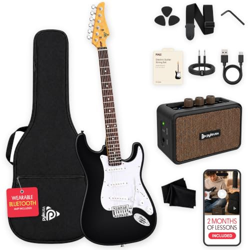 Pyle E-Gitarre Set Anfänger, ST-Gitarrenset mit 5W Verstärker, Gigbag, Gurt und Plektren, 22 Bünde, Schwarz