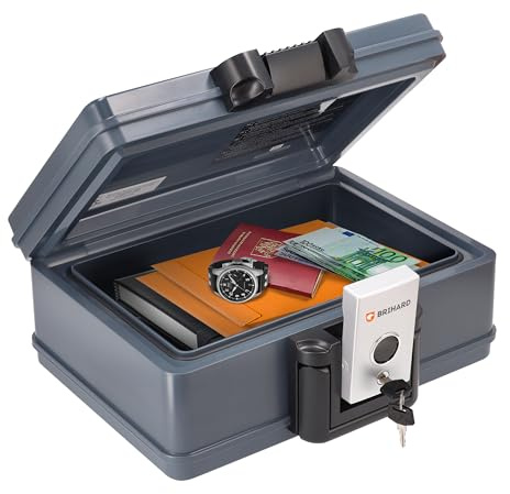 Brihard zertifizierte Dokumentenkassette 2013, A5 - wasserdichte & feuerfeste Dokumentenbox mit Schlüssel, für Wertgegenstände & Dokumente, tragbarer Safe mit Griff – H 15,4 x B 35,4 x T 28,2 cm