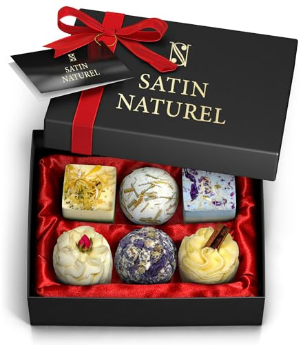 Satin Naturel 6 Luxuriöse BIO Set Badebomben Vegan – Wellness Geschenke für Frauen – Premium Badekugeln – Geburtstagsgeschenk für sie – Luxus-Geschenkbox Naturkosmetik