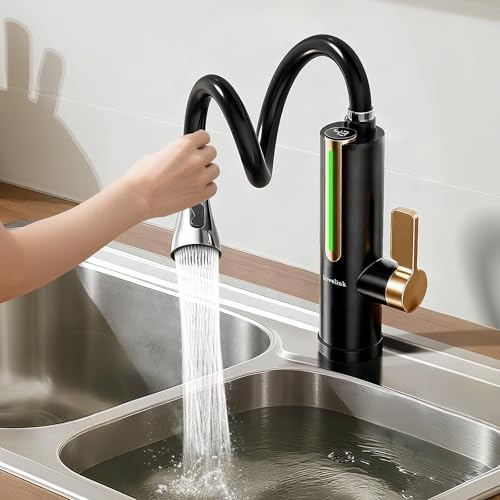 Lovelink Wasserhahn mit Durchlauferhitzer Farbadaptiv LED Temperaturanzeige 360° Flexibler Schlauch Elektrischer Durchlauferhitzer Wasserhahn für Küche/Bad/Balkon (Schwarz)