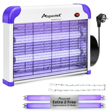 ASPECTEK Lila Insektenvernichter Elektrisch, 2800V Mückenlampe mit 20W UV-Lampe. Tötet Mücken, Motten, Fliegen. Mit 2 Ersatz - Glühbirnen, ideal für Haushalt