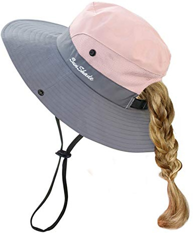 HGGE Sonnenhut für Kinder, Mädchen, UV-Schutz, breite Krempe, Strandkappe mit Pferdeschwanz-Loch, Rosa, Einheitsgröße