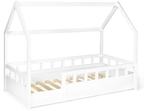 IDMarket - Kinderbett Baumhaus 80 x 160 cm NEREE weiß mit Lattenrost und Gitter